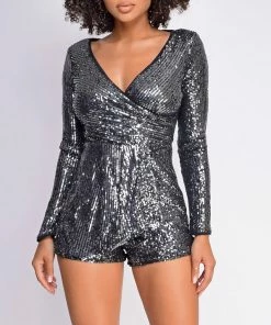 Emprada Rosaria Grey Gunmetal Sequin Romper Jumpsuits & Rompers