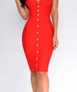 Emprada Nelinha Red Gold Button Bandage Dress