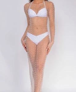 Emprada Messina Rhinestone Pearl Mesh Cover Up Dress Swim