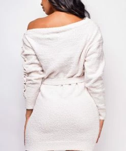 Emprada Dresses Varna Light Beige Off Shoulder Sweater Dress