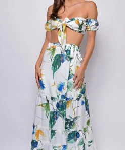 Emprada Tahiti White Tropical Floral Print Top And Skirt Set Dresses