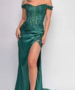 Emprada Nalini Green Lace Embellished Satin Gown