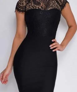 Emprada Makenna Black Lace Cap Sleeve Bandage Dress
