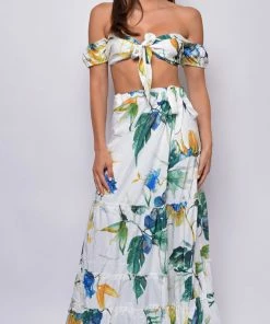 Emprada Tahiti White Tropical Floral Print Top And Skirt Set Dresses