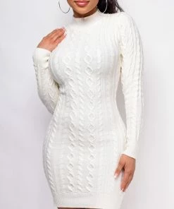 Emprada Kristyn White Cable Knit Sweater Dress