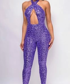 Emprada Lacie Purple Sequin Cross Over Neck Jumpsuit