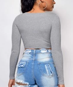 Emprada Evant Grey V Neck Button Crop Top Tops