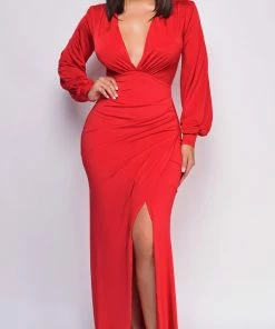 Emprada Cassie Red V Plunge Maxi Dress Dresses