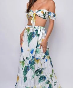 Emprada Tahiti White Tropical Floral Print Top And Skirt Set Dresses