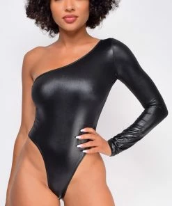 Emprada Tops Mallory Black Faux Leather One Shoulder Bodysuit