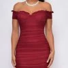 Emprada Never Again Wine Red Off Shoulder Ruched Dress Dresses