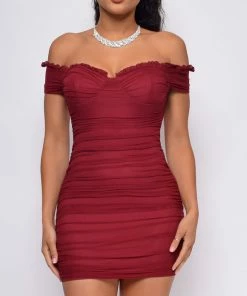 Emprada Never Again Wine Red Off Shoulder Ruched Dress Dresses