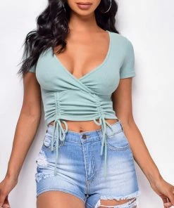 Emprada Alex Green Surplice Ruched Knit Top