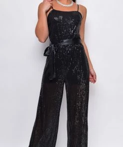 Emprada Coraline Black Sequin Belted Jumpsuit Jumpsuits & Rompers