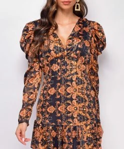 Emprada Alana Black Gold Print Dress