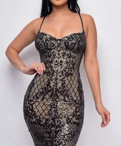 Emprada Dresses Serenity Black Nude Sequin Bustier Midi Dress