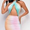 Emprada Dresses Evant Blue Multi Color Front Wrap Halter Side Ruched Dress