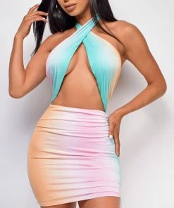 Emprada Dresses Evant Blue Multi Color Front Wrap Halter Side Ruched Dress