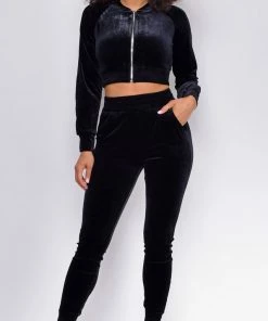 Emprada Loungewear Too Cool For That Black Velour Crop Jacket & Joggers Set 5 Emprada Loungewear Too Cool For That Black Velour Crop Jacket & Joggers Set