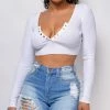 Emprada Evant White V Neck Button Crop Top Tops
