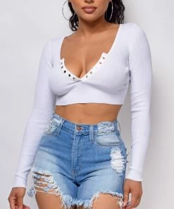 Emprada Evant White V Neck Button Crop Top Tops