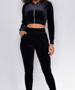 Emprada Loungewear Too Cool For That Black Velour Crop Jacket & Joggers Set