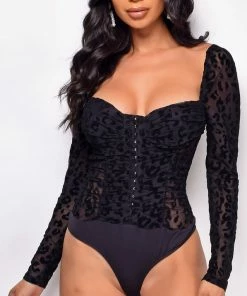 Emprada Velvet Dresses Dionne Black Velvet Flock Corset Bodysuit