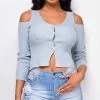 Emprada Cate Blue V Neck Button Up Cold Shoulder Sweater Top