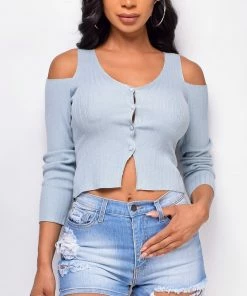 Emprada Cate Blue V Neck Button Up Cold Shoulder Sweater Top