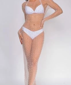 Emprada Messina Rhinestone Pearl Mesh Cover Up Dress Swim