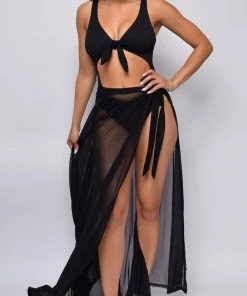 Emprada Skyros Black Mesh Maxi Wrap Cover-up Skirt Formal Dresses