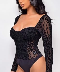 Emprada Velvet Dresses Dionne Black Velvet Flock Corset Bodysuit