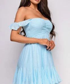 Emprada Ocean Blue Smocked Off Shoulder Mini Dress