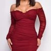 Emprada Dresses Destiny Burgundy Red Off Shoulder Ruched Dress