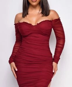 Emprada Dresses Destiny Burgundy Red Off Shoulder Ruched Dress