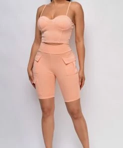 Emprada Edel Peach Pink Bustier Biker Short Set Loungewear