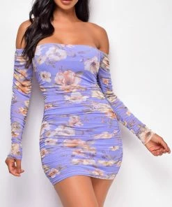Emprada Tunisia Lavender Purple Floral Print Off Shoulder Dress Dresses