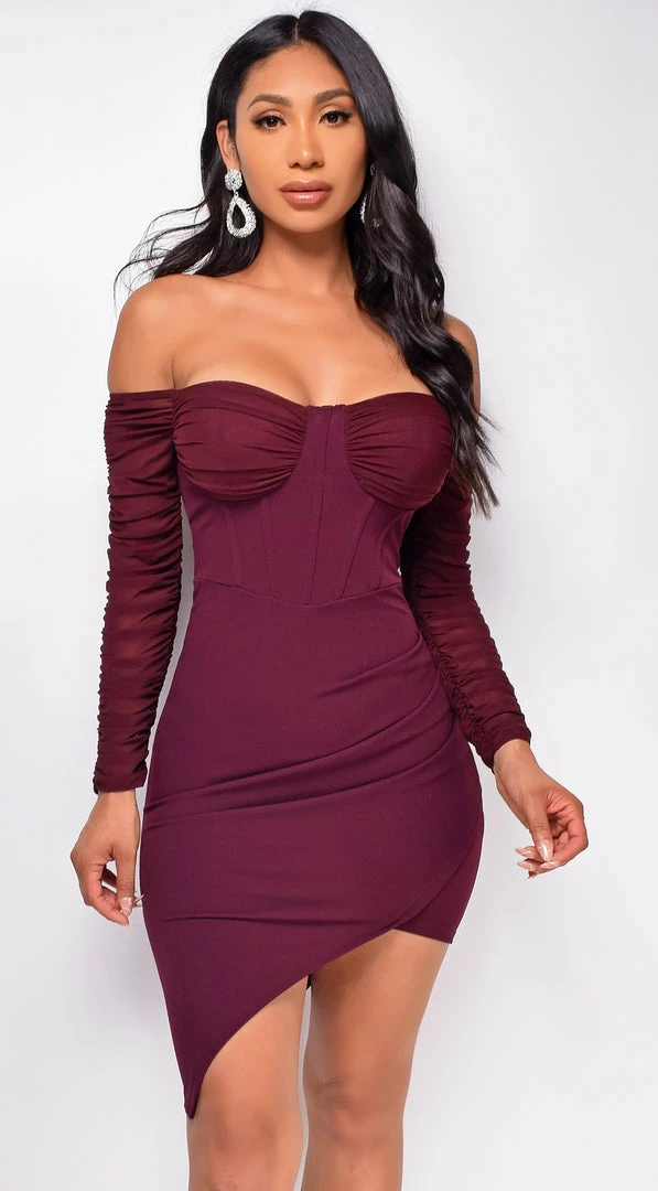 Emprada Marina Plum Red Off Shoulder Mesh Dress 3 Emprada Marina Plum Red Off Shoulder Mesh Dress