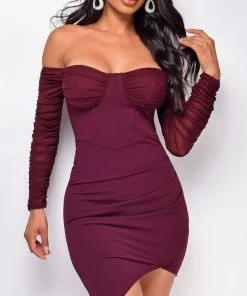Emprada Marina Plum Red Off Shoulder Mesh Dress