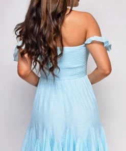 Emprada Ocean Blue Smocked Off Shoulder Mini Dress