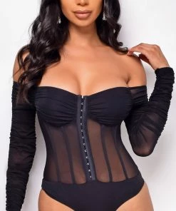 Emprada Vieve Black Mesh Corset Bodysuit Tops