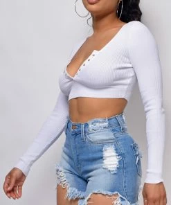 Emprada Evant White V Neck Button Crop Top Tops