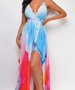 Emprada Dresses Bay Blue Multi Color Slit Maxi Dress