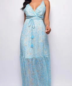 Emprada Dresses Merida Blue Floral Print Maxi Dress