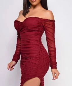 Emprada Dresses Destiny Burgundy Red Off Shoulder Ruched Dress