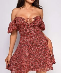 Emprada Dresses Talia Red Burgundy Floral Skater Dress