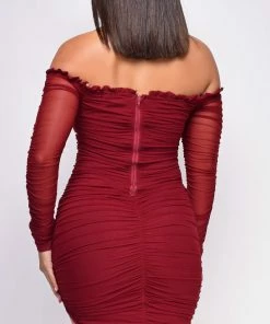 Emprada Dresses Destiny Burgundy Red Off Shoulder Ruched Dress