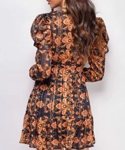 Emprada Alana Black Gold Print Dress
