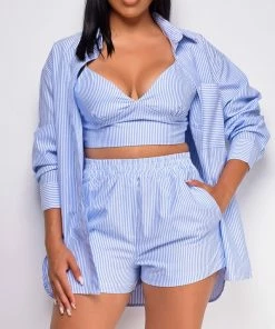Emprada Ryleigh Blue Striped Three Piece Shirt Set Blue Dresses