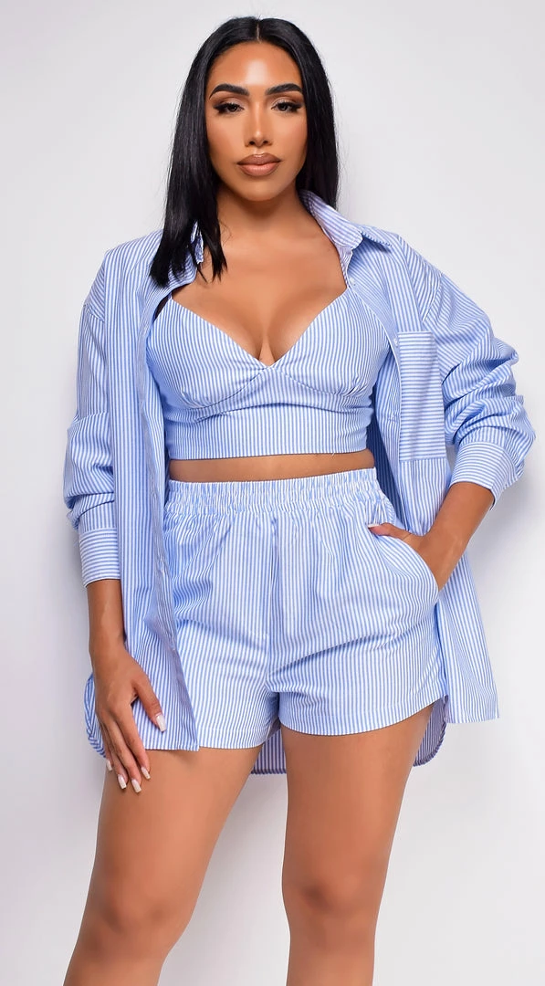 Emprada Ryleigh Blue Striped Three Piece Shirt Set Blue Dresses 1 Emprada Ryleigh Blue Striped Three Piece Shirt Set Blue Dresses